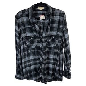 Cloth & Stone Black Grey Plaid Rayon Button Down Shirt B2038-743 Womens L